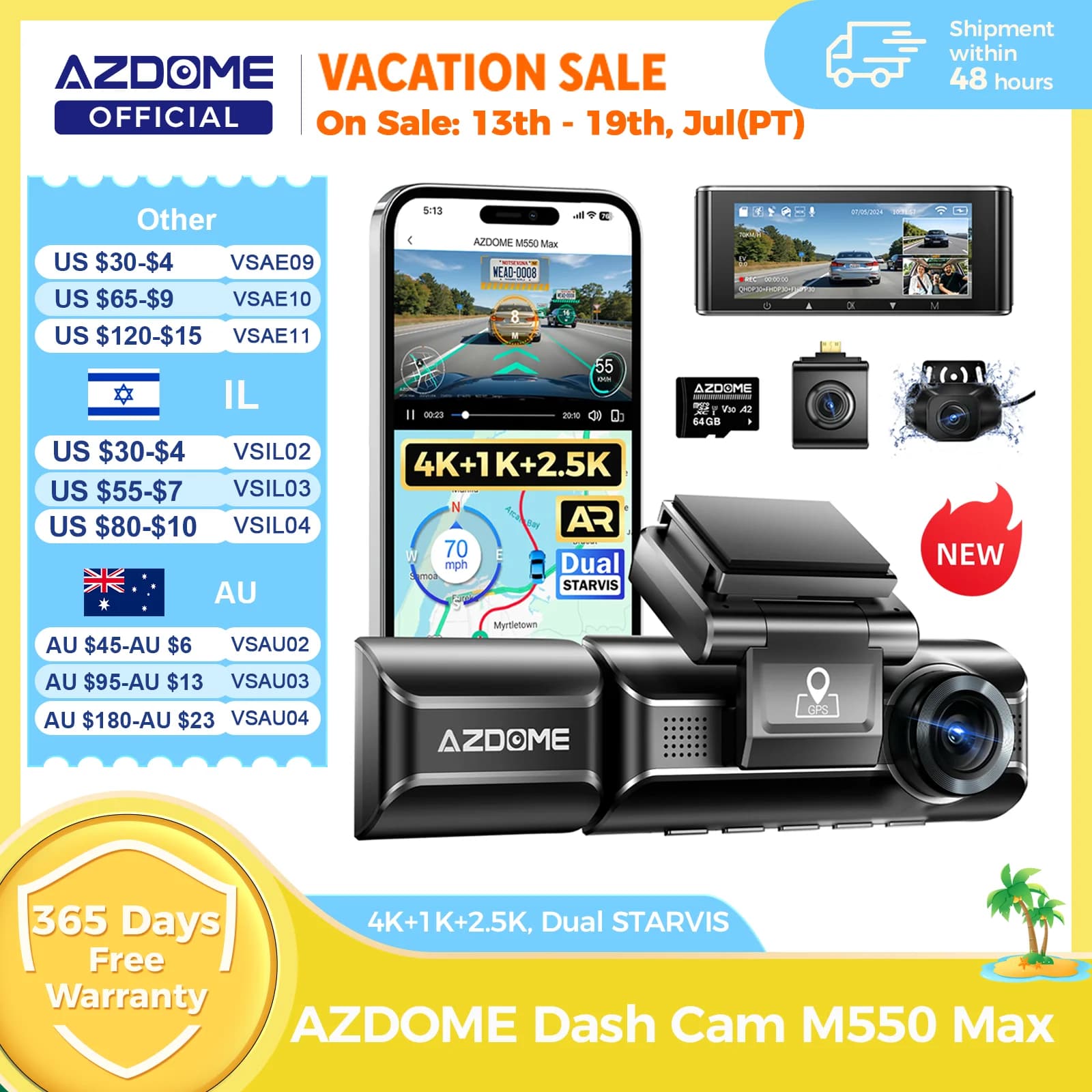 מצלמת רכב AZDOME M550 Max Dash Cam 4K+1K+2.5K עם GPS מובנה WiFi 150FOV עם מעקב חניה 24 שעות ראיית לילה לרכבים - תמונה 1