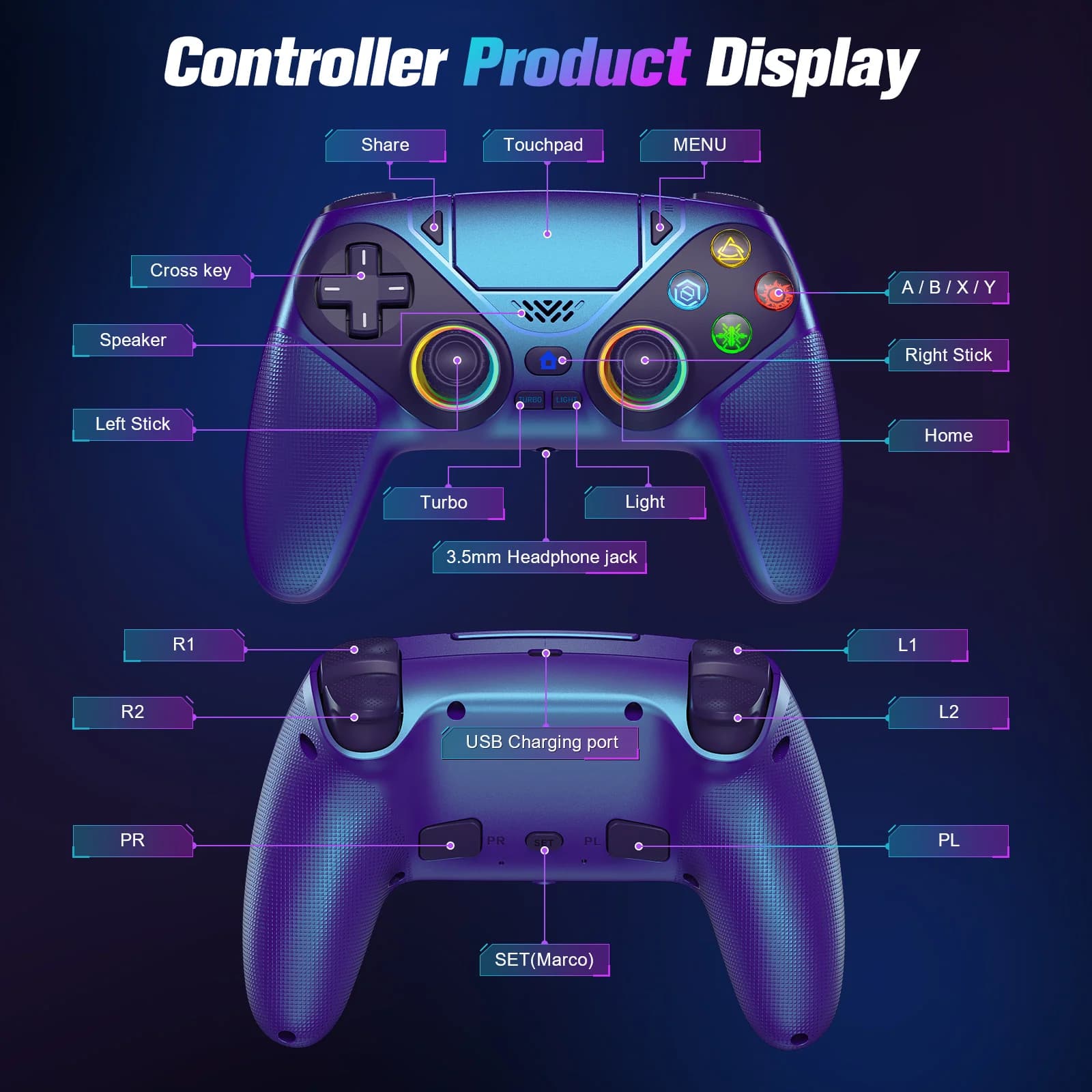בקר לפלייסטיישן 5/PS5/PS5 Pro/Slim/PC, בקרי משחק אלחוטיים RGB ג'ויסטיק טורבו/מרקו תוכנית רטט כפול בקרת משחק - תמונה 6