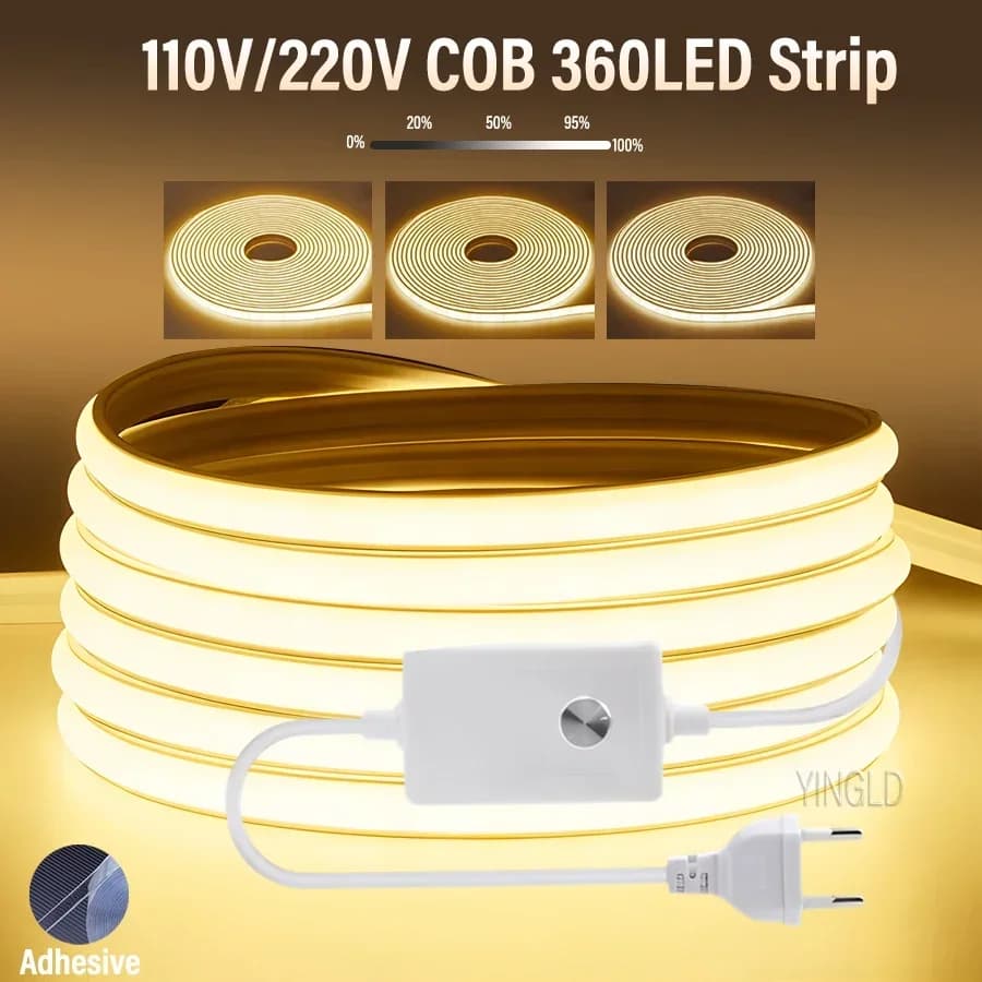 סטריפ LED COB בעוצמה של 1M-50M 220V, ניתן לכוונון, עם 360 לדים למטר, מתאים למטבח, לבית ולחדר, עם רצועה גמישה לתאורת גינה חיצונית