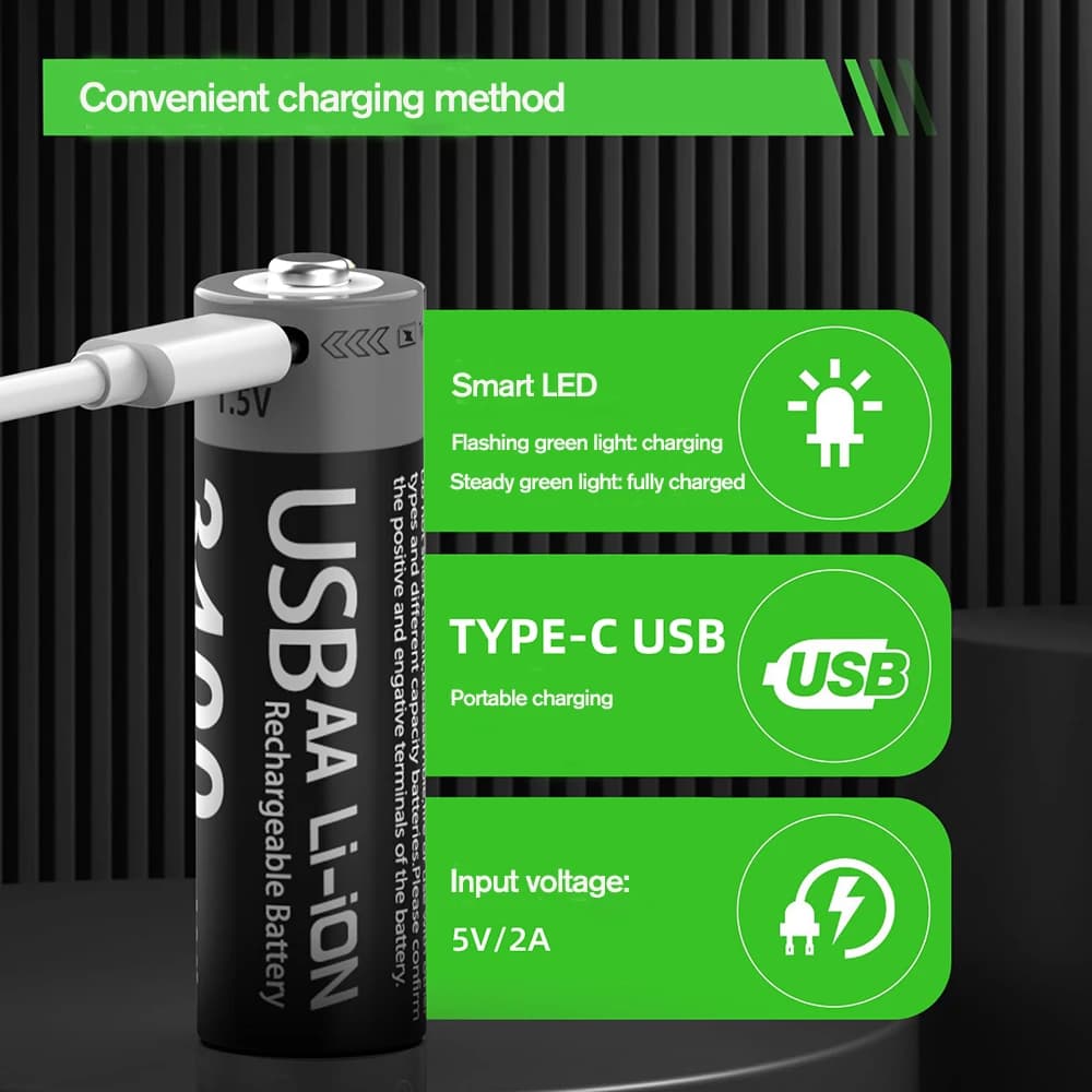 סוללות נטענות Li-ion AAA ו-AA של Kuugro USB ליתיום-יון 3400mWh 1.5V סוללות נטענות AA + 1100mWh סוללת AAA 1.5V - תמונה 3
