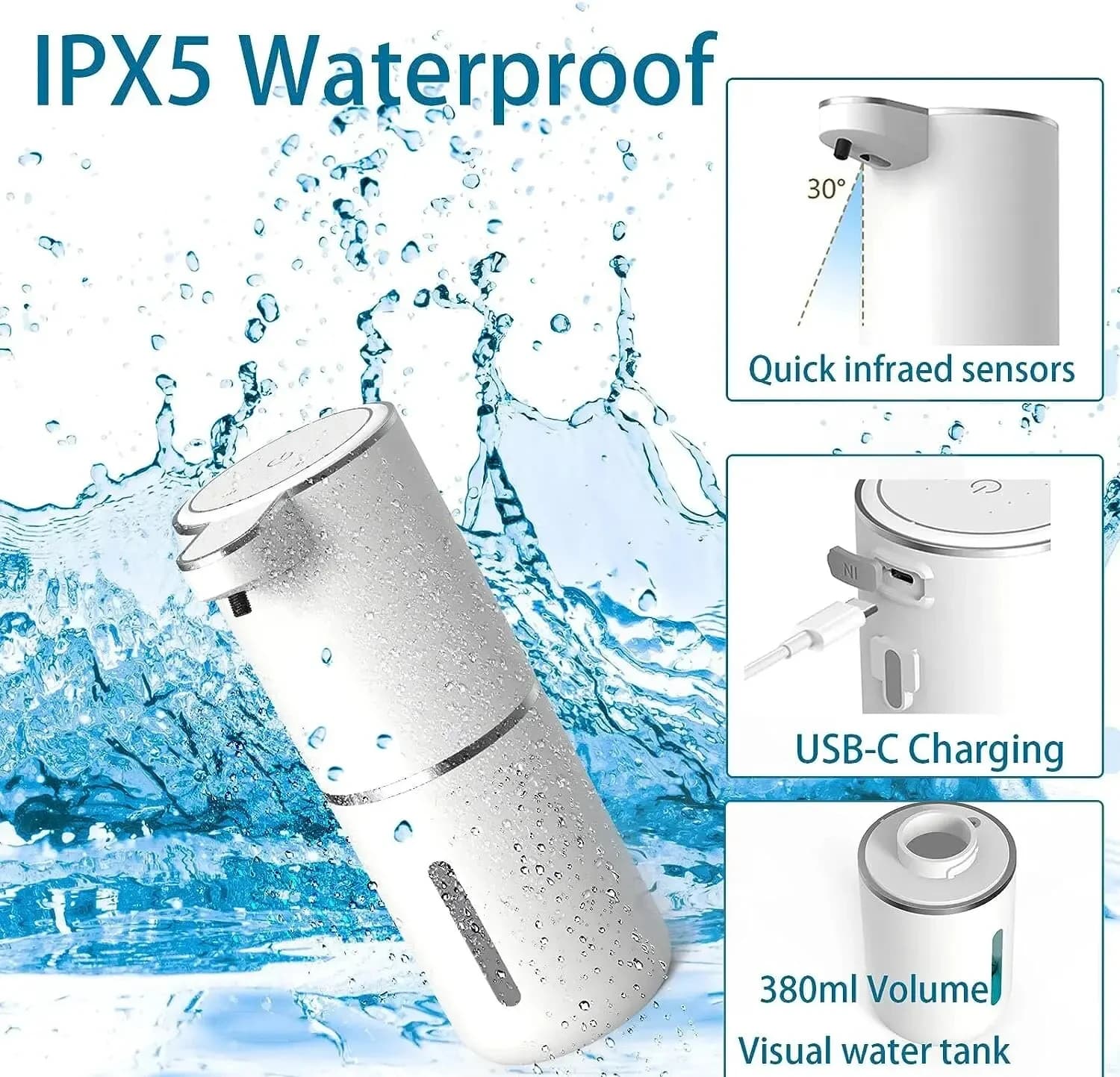 מתקן סבון קצף אוטומטי ללא מגע — חיישן חכם, USB-C, 380 מ"ל