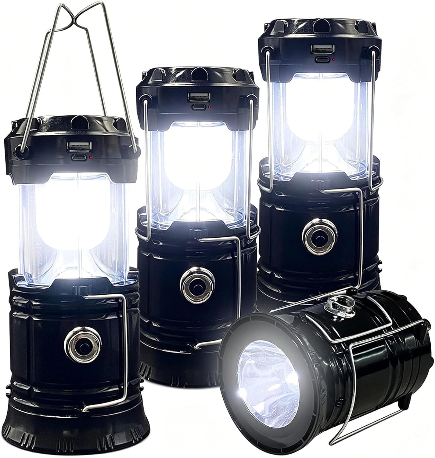 🏕️ סט 4 פנסי קמפינג מתקפלים — סולארי + USB, אור 360° לאוהל, לסוכה ולהפסקות חשמל - תמונה 1