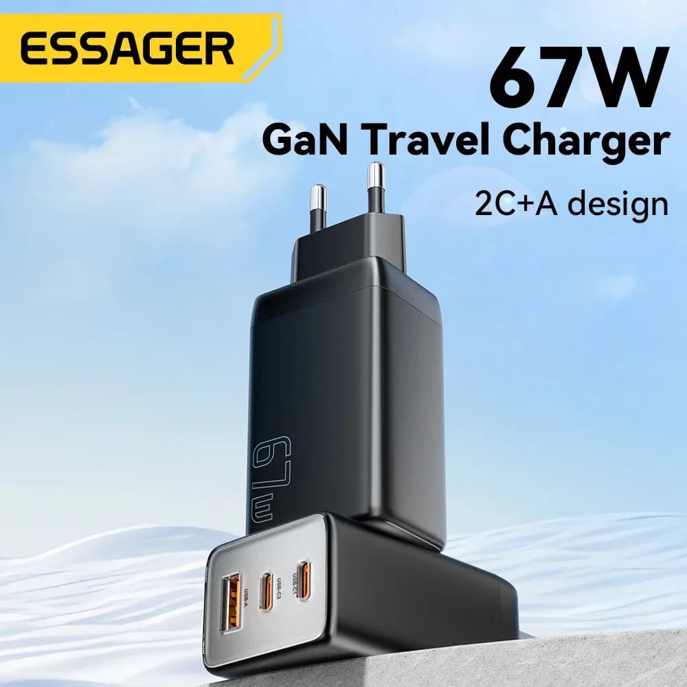 מטען Essager 67W GaN USB-C PD 3.0 QC 3.0 טעינה מהירה עבור iPhone 16 15 Pro Max Xiaomi Samsung Huawei Mate 70 מטענים למחשבים ניידים