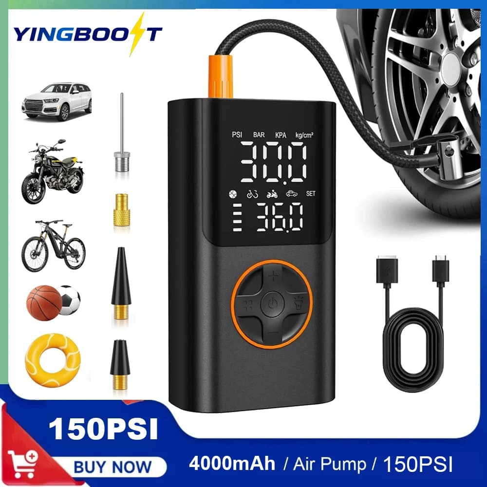 YINGBOOST מיני משאבת צמיגי אופניים 150 PSI מדחס אוויר אלחוטי, משאבת אוויר לרכב עם מד לחץ, תאורת LED