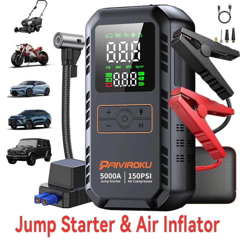 מַתְנַעַת רכב PAIVIROKU 5000A עם מדחס אוויר 150PSI, משאבת אוויר, מגבר סוללה לרכב, בנק כוח נייד, משאבת ניפוח צמיגים